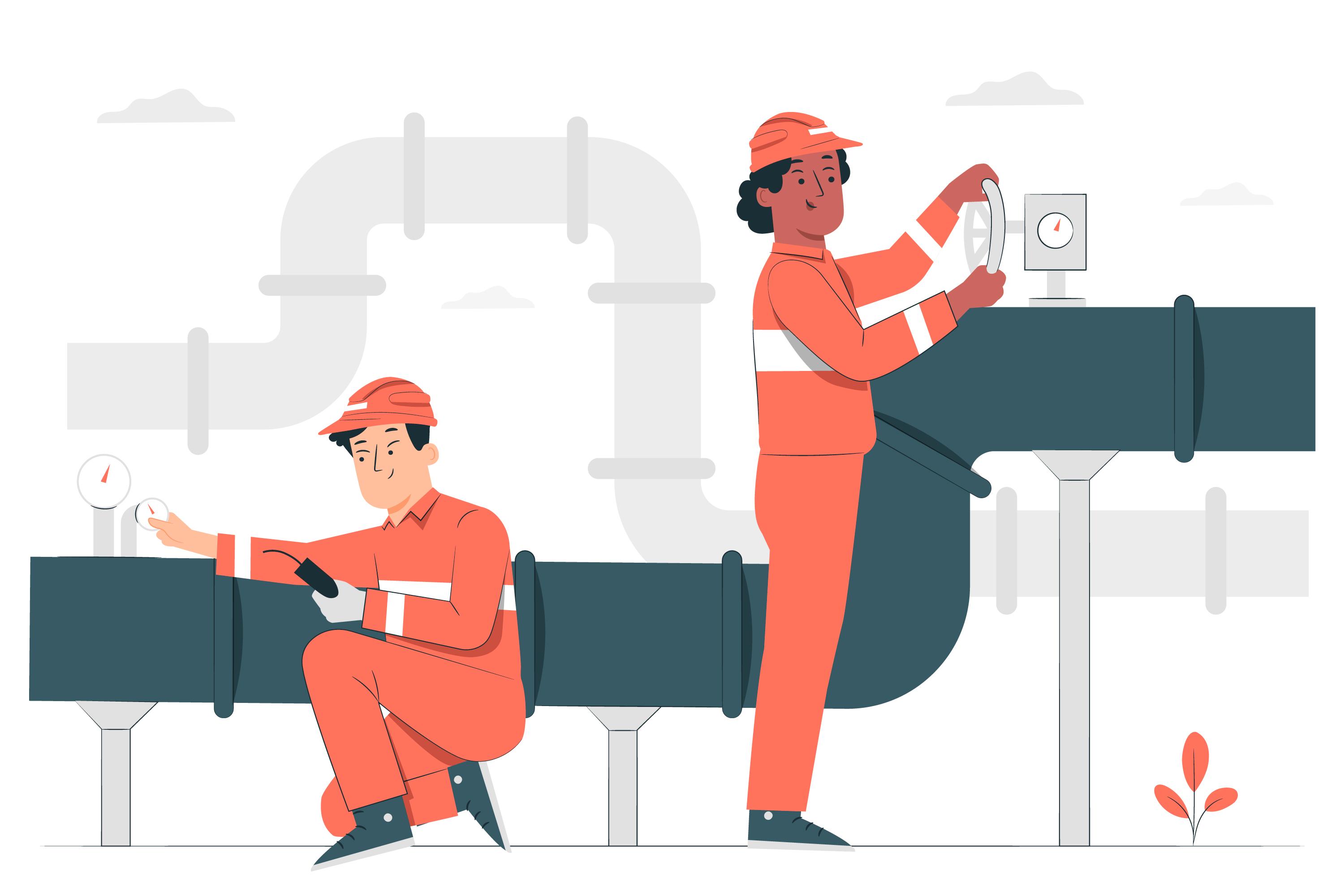 Vector graphic of two persons dressed in orange safety gear maintaining a thick pipe.